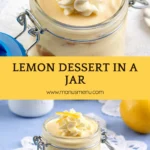 Lemon cream dessert layered in a glass jar with whipped topping and zest.