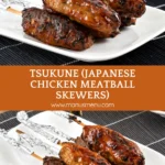 Yakitori-glazed chicken skewers with charred edges served with dipping sauce on a white platter.