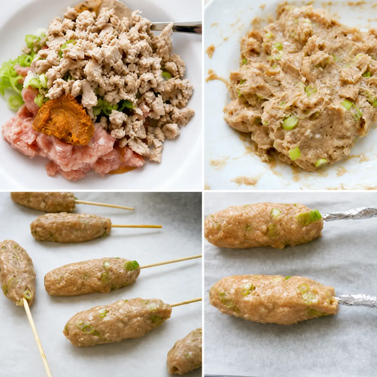 Cooked and raw chicken mixed with scallions, miso, and seasonings before kneading.