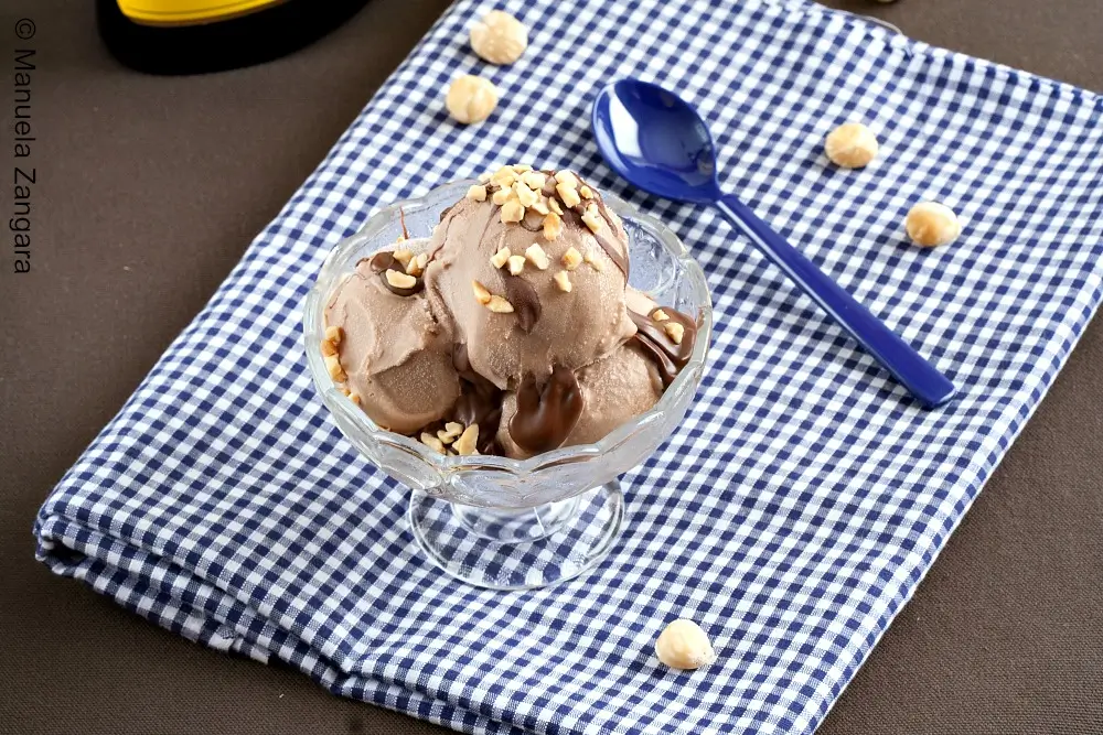 Two scoops of chocolate hazelnut gelato topped with Nutella and crushed hazelnuts in a glass dessert coupe.