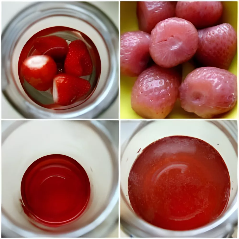 Fresh strawberries soaking in alcohol to start the Fragolino Liqueur infusion.