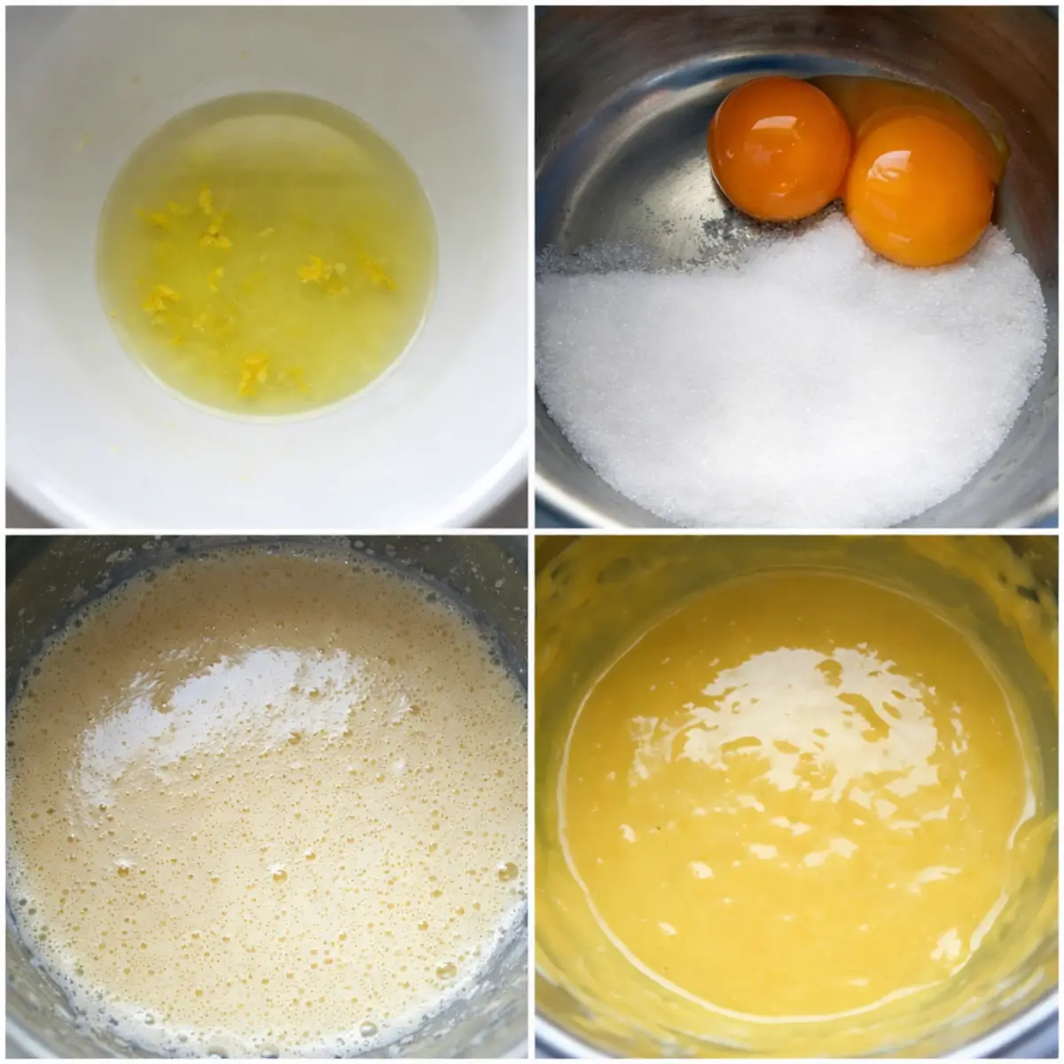 Lemon zest infusing in juice, egg yolks with sugar, and mixture turning smooth and glossy.