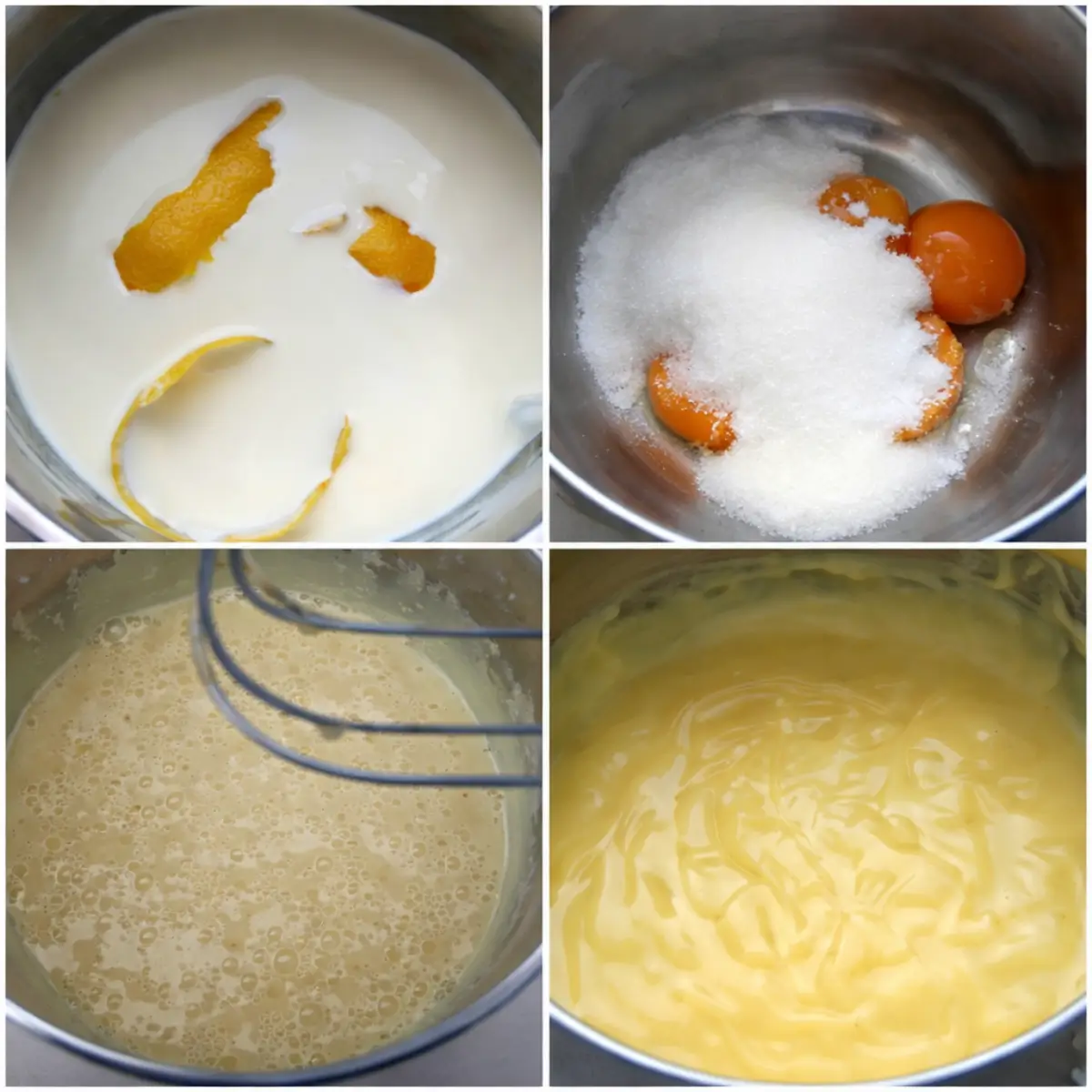 Lemon crema pasticcera at four stages, from milk with lemon peel and egg yolks with sugar to the whisked mixture and thick custard.