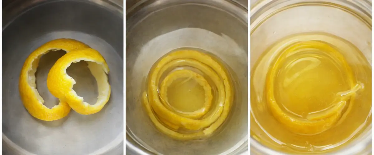 Lemon peel soaking in lemon juice to infuse flavour.