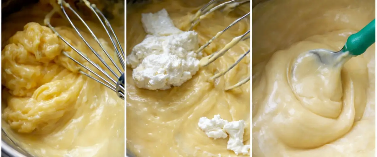 Lemon cream being whisked until thick, smooth, and glossy.