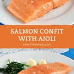 Salmon Confit served with homemade aioli on a white plate.