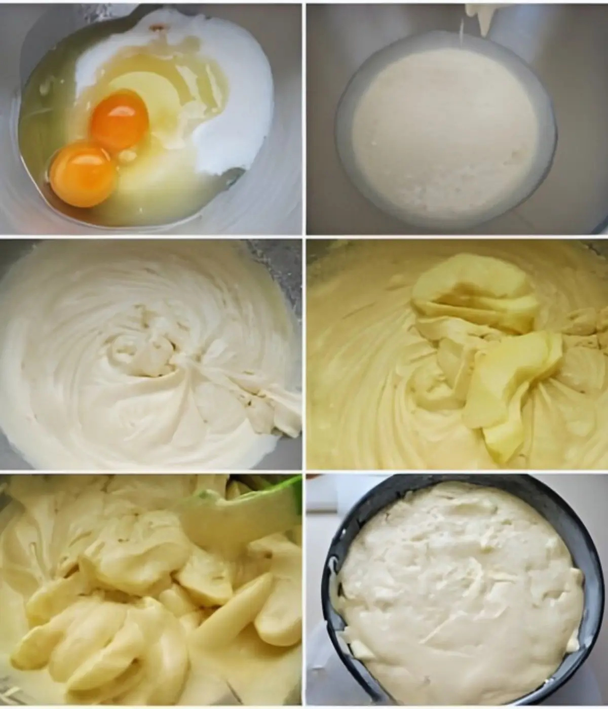 Cake batter being mixed and apple slices folded into the bowl.