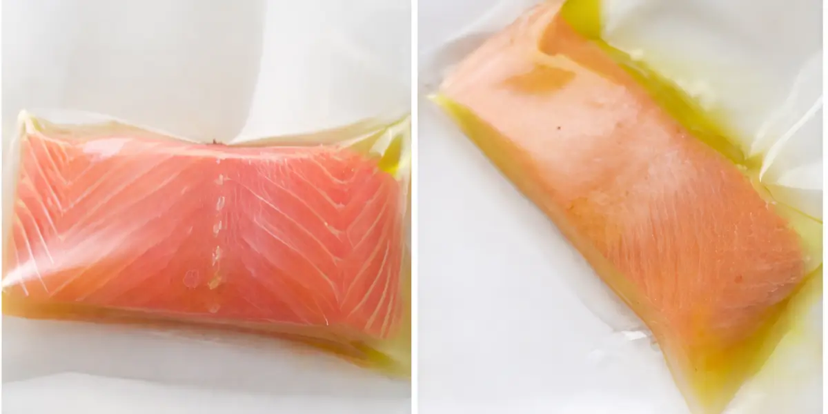 Salmon fillet sealed in a vacuum bag with olive oil before cooking.