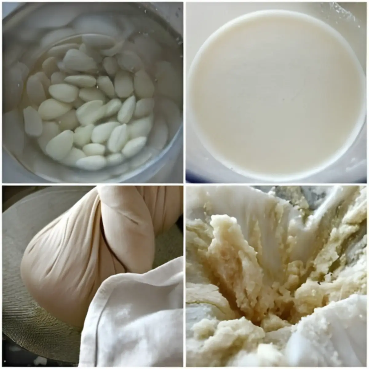 Almonds soaking, blended almond mixture, and almond pulp being strained through cloth.