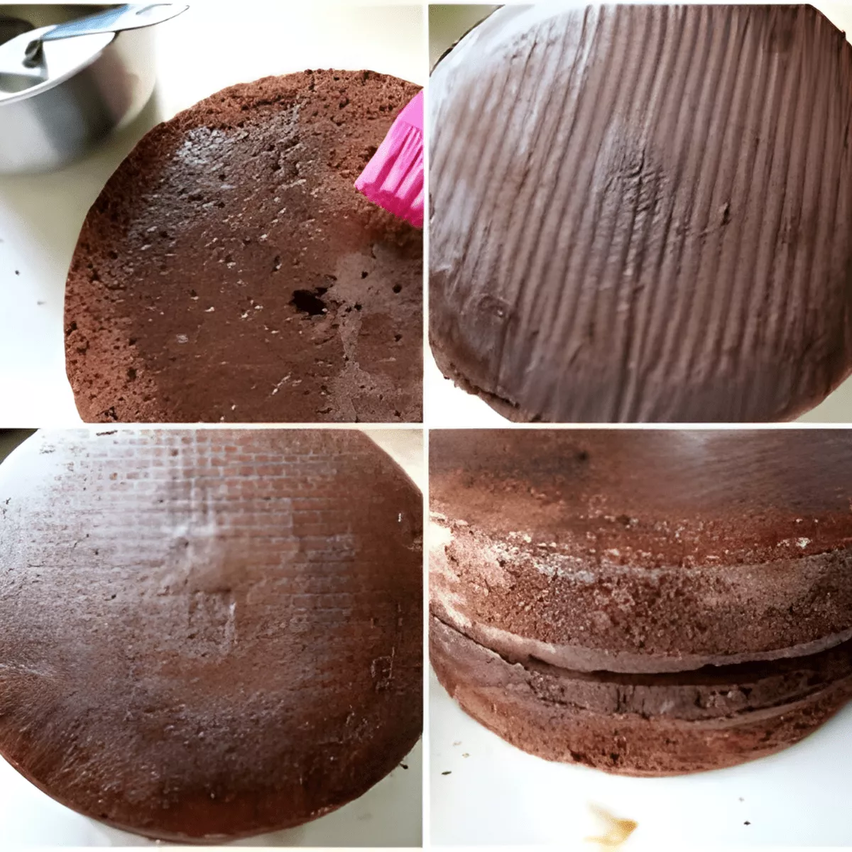 Collage of levelled chocolate layers being brushed with syrup and stacked.