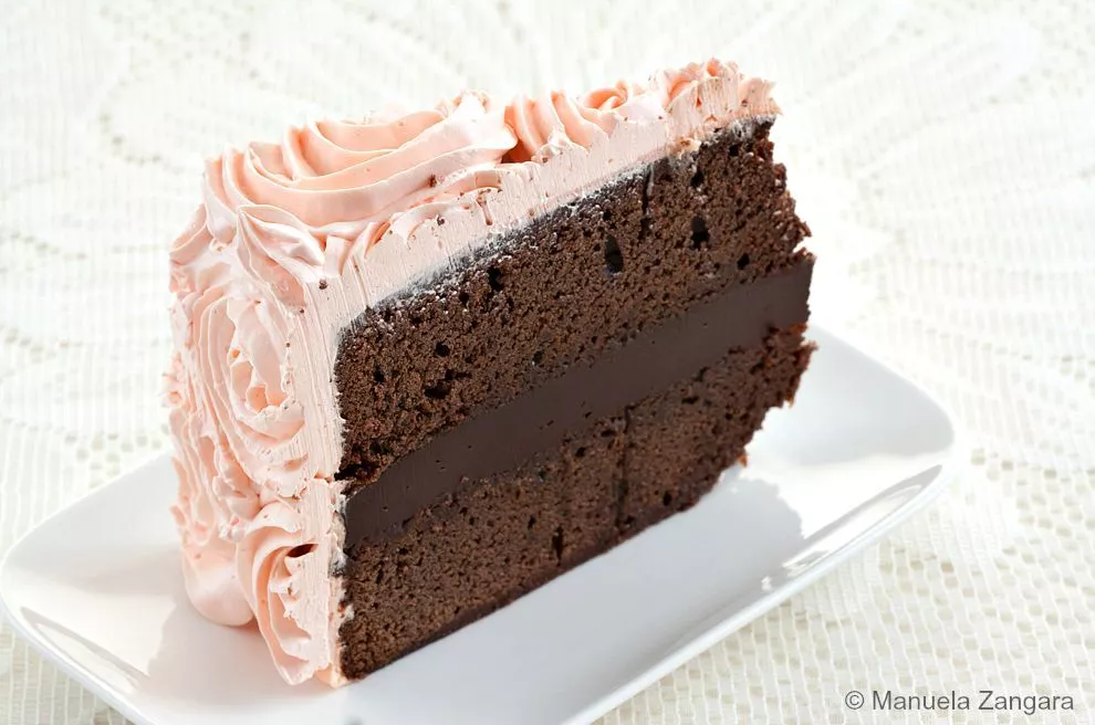 Slice of chocolate mud cake with thick ganache and pink rosette frosting.