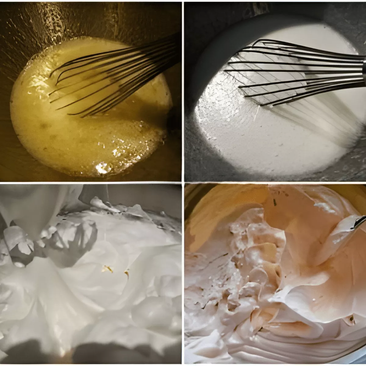 Collage showing Swiss meringue buttercream in different stages with warm egg whites over simmering water.