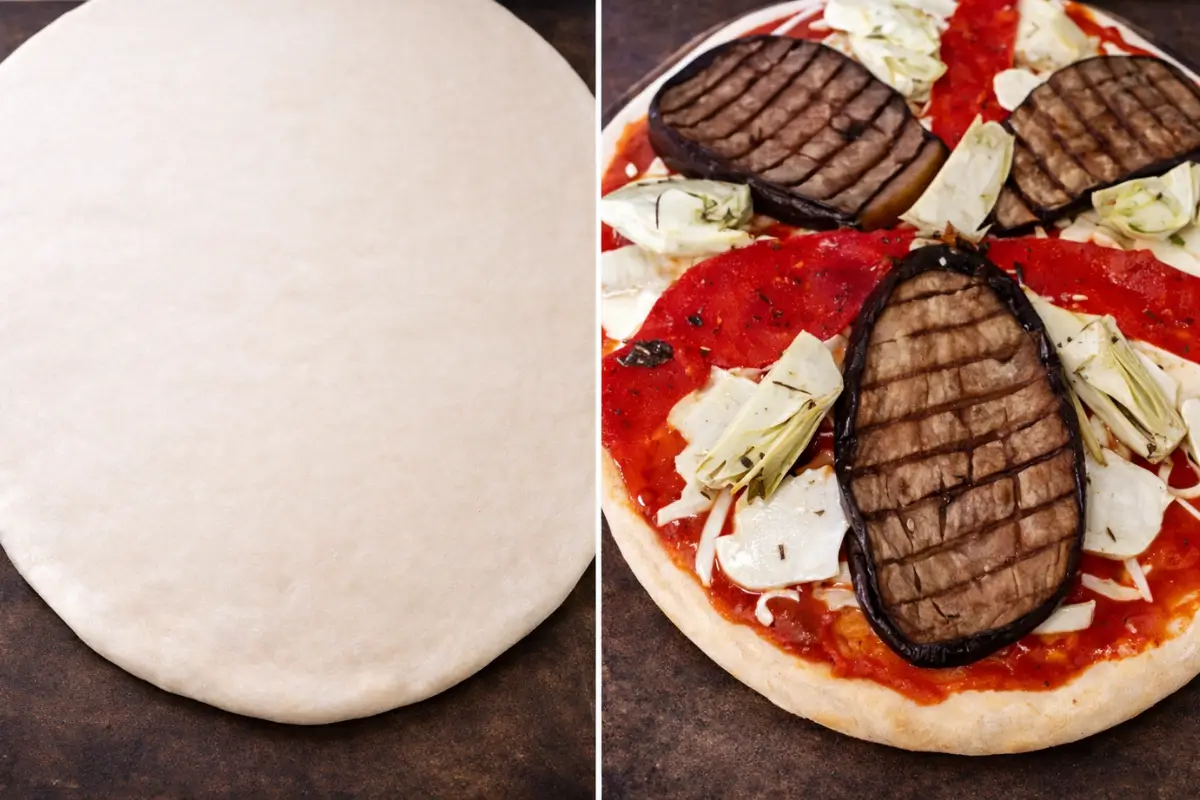 Rolled pizza dough beside an ortolana pizza topped with tomato sauce, mozzarella, eggplant, peppers, and artichokes before baking.