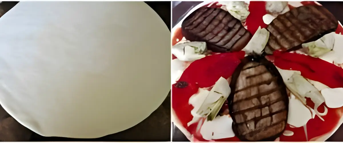 Unbaked pizza dough on the left and pizza topped with tomato sauce, grilled eggplant, and artichoke hearts on the right.