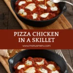 Pizza Chicken topped with melted bocconcini and oregano in a cast-iron skillet.