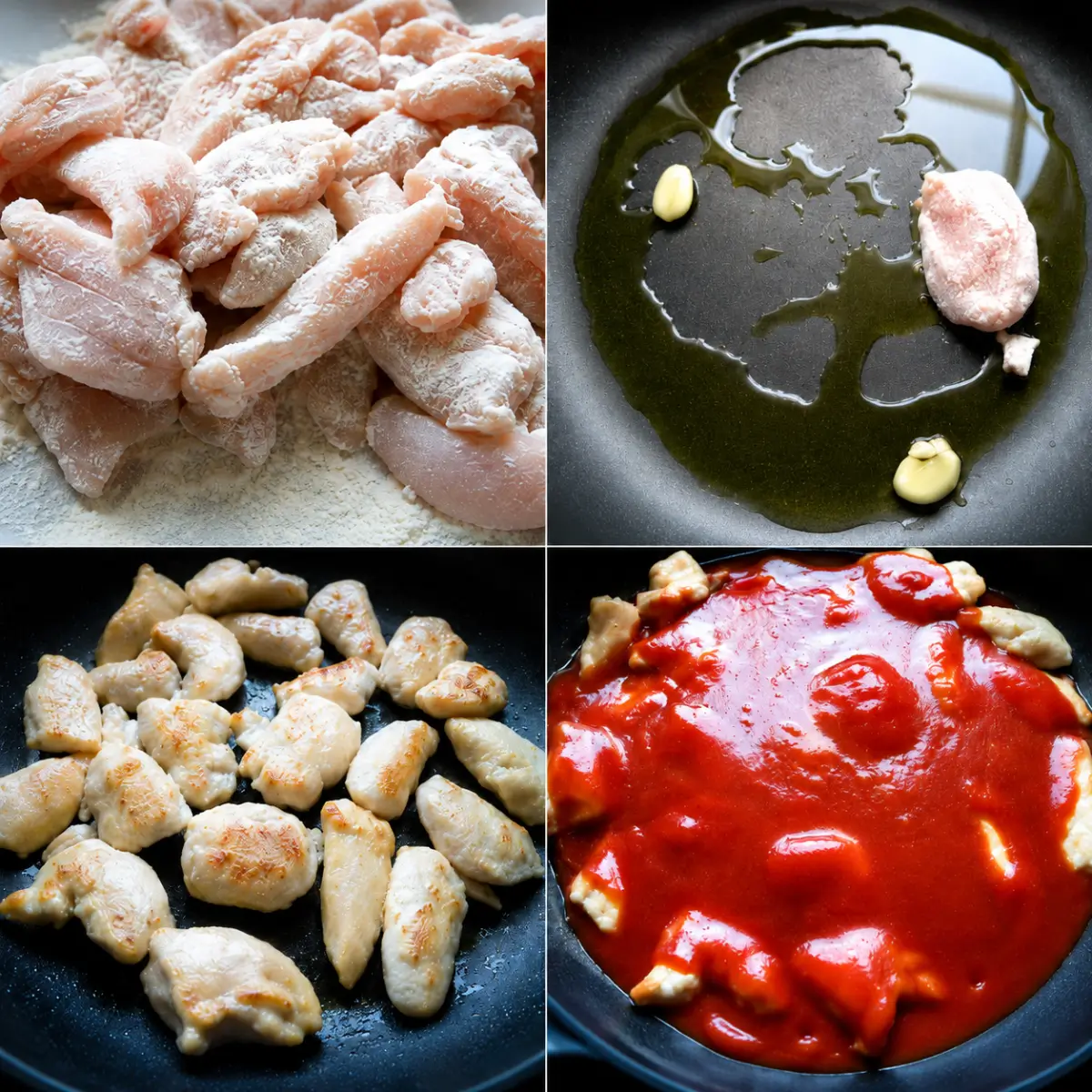 Chicken tenderloins coated in flour, garlic cooking in olive oil, browned chicken, and tomato purée added to the skillet.