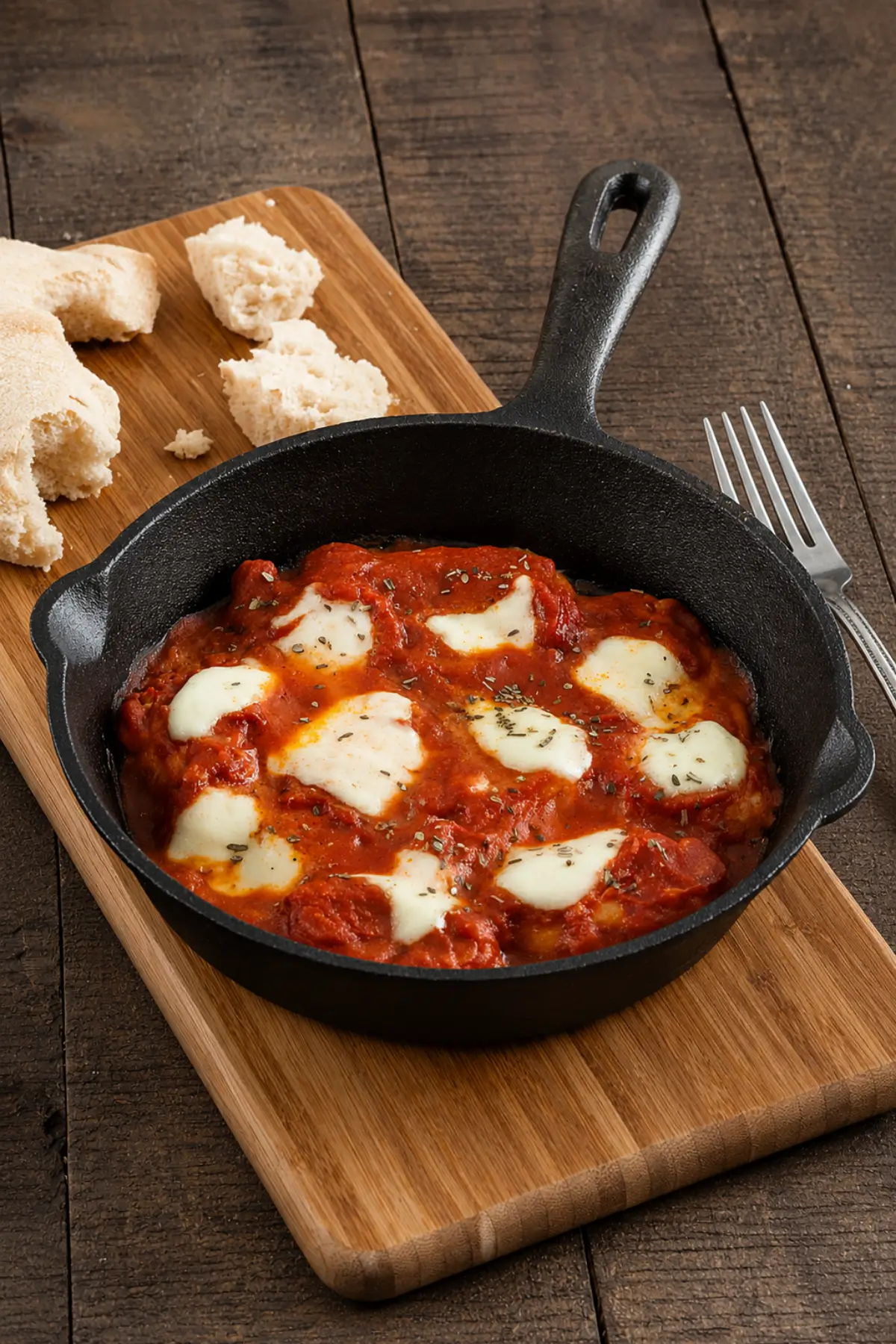 Chicken simmered in rich tomato sauce with melted cheese in a skillet, served with crusty bread.