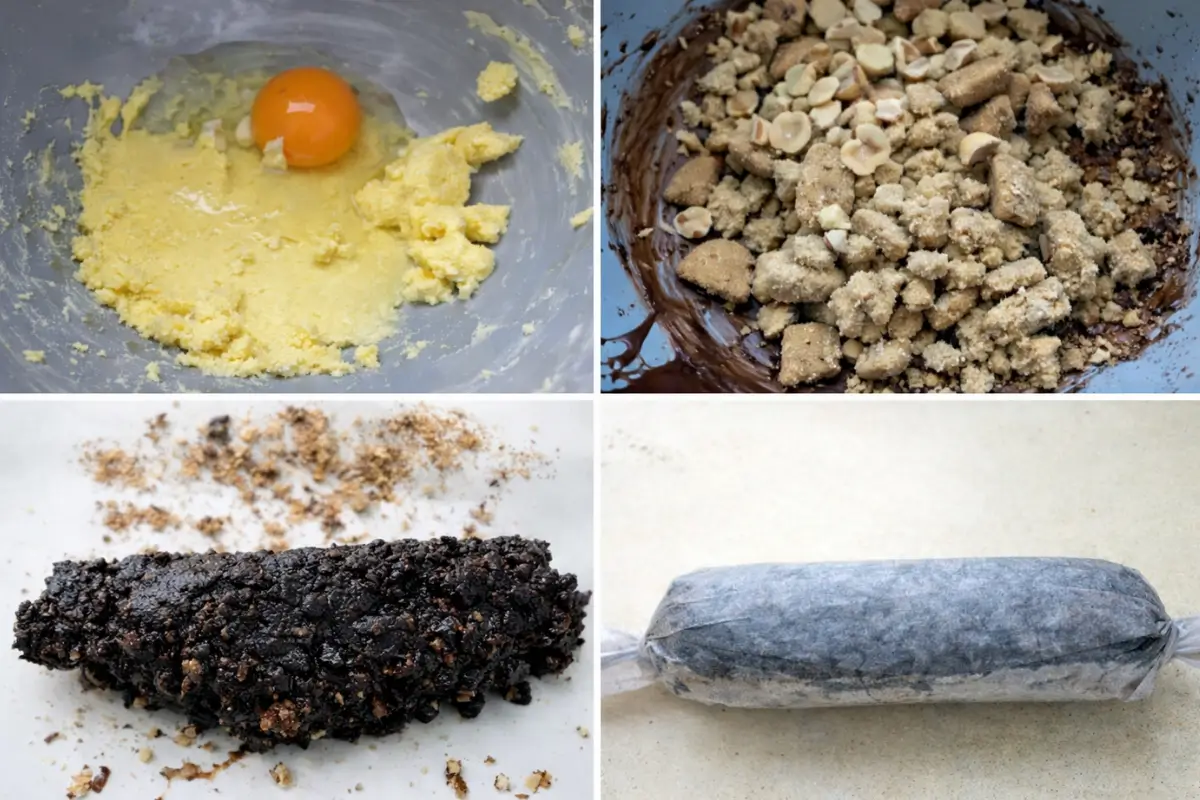 Step-by-step collage showing butter and egg mixing, biscuits added to melted chocolate, mixture shaped into a log, and wrapped.