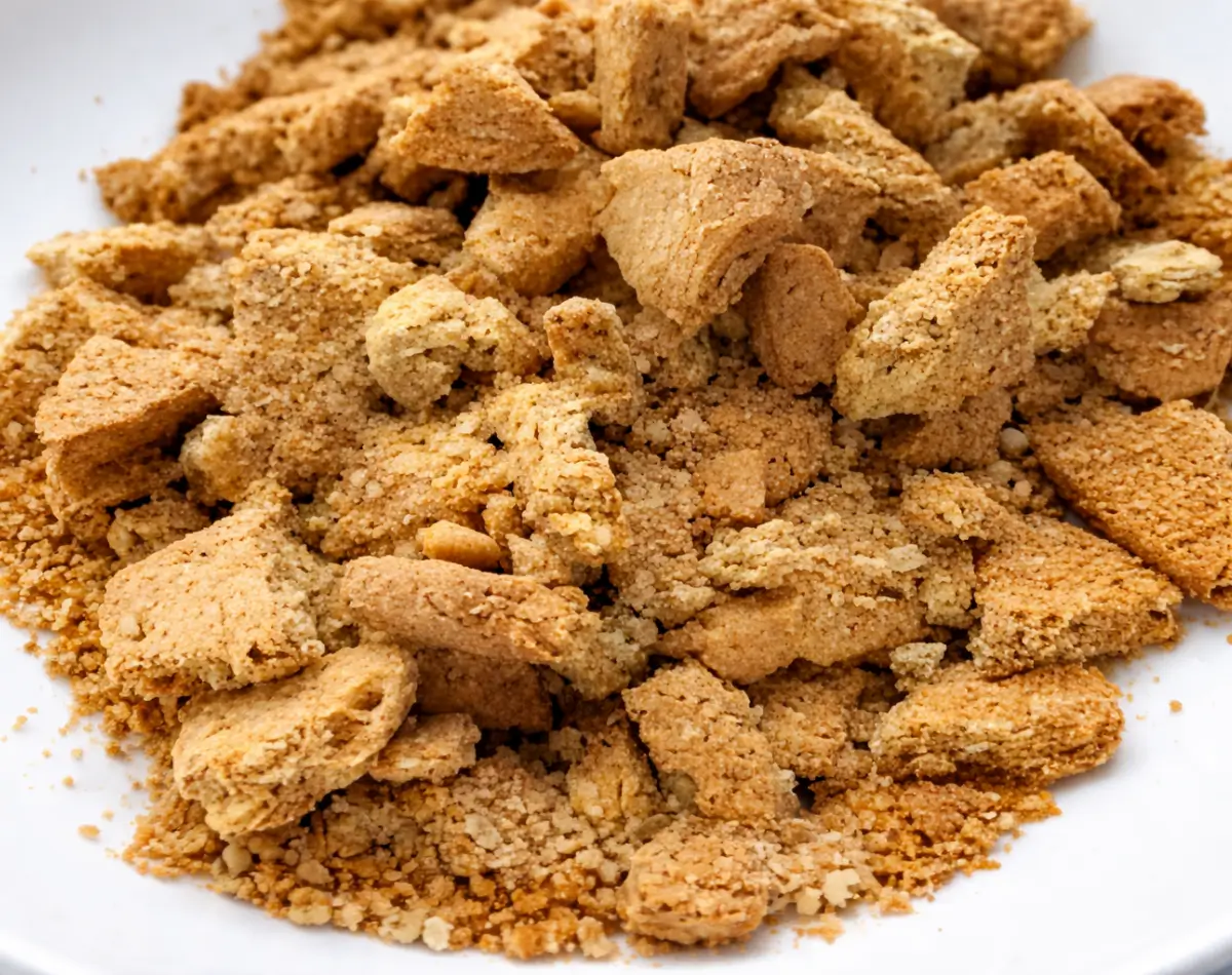 Bowl of crushed biscuits prepared for a chilled chocolate dessert.