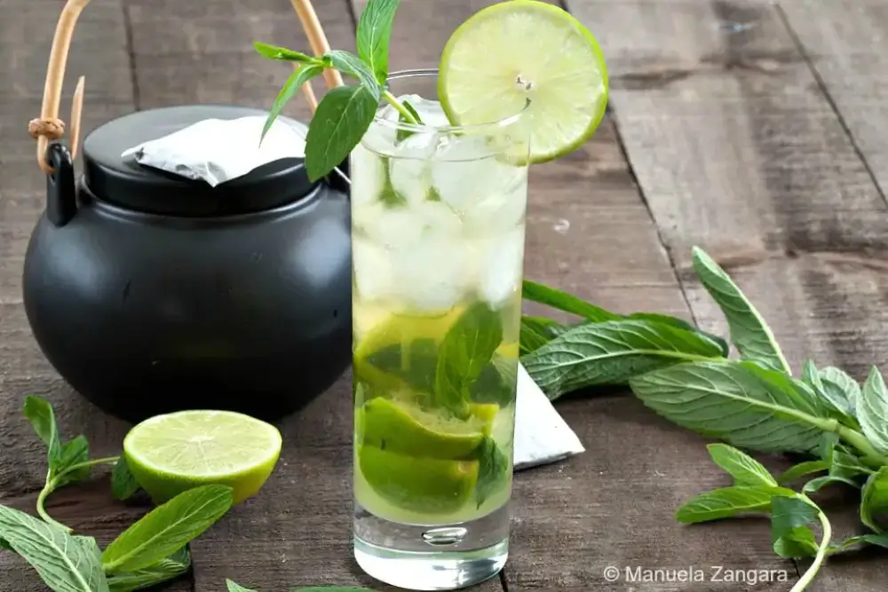 Green Tea Mojito served in a tall glass with mint leaves, lime slices, and ice.