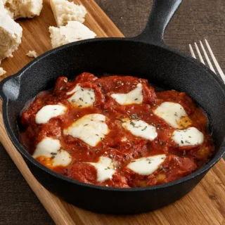 Pizza Chicken topped with melted bocconcini and oregano in a cast-iron skillet, ready to serve.