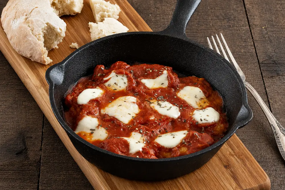 Pizza Chicken topped with melted bocconcini and oregano in a cast-iron skillet.