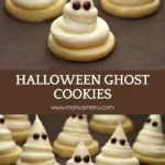 Halloween ghost cookies on shortbread bases arranged in rows.