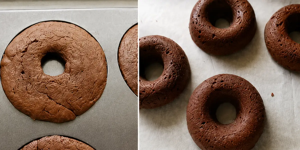 Baked chocolate doughnuts in the pan and cooling on parchment paper.