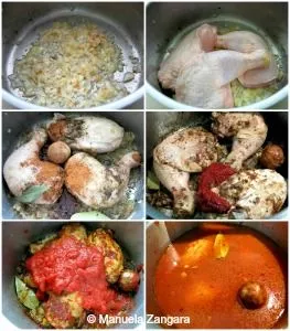 Step-by-step Chicken Kabsa cooking process showing onions, chicken, dried lime, tomato paste, and spices simmering together.