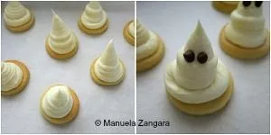 Piped white chocolate ganache ghosts with mini chocolate chip eyes on shortbread bases.