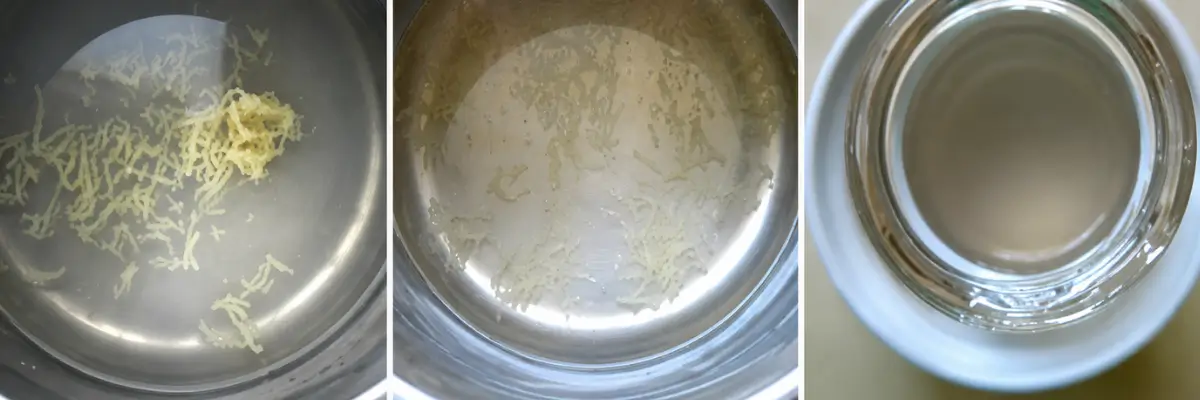 Grated fresh ginger in a saucepan, ginger infused in clear syrup, and strained ginger and lime syrup in a glass jar.
