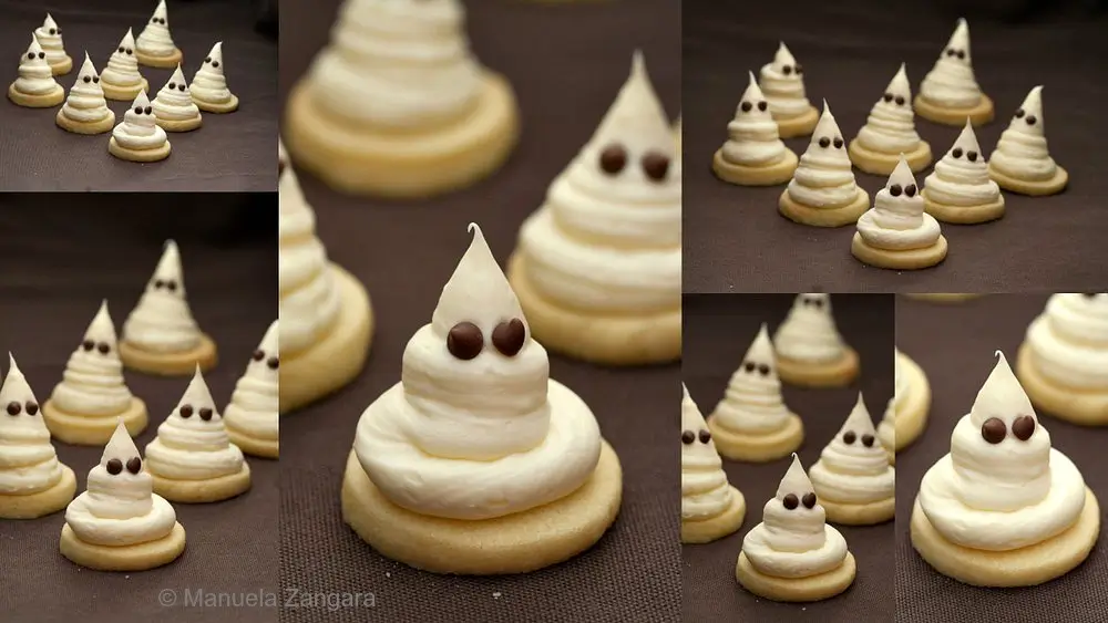 Collage of ghost cookies for Halloween on shortbread with whipped ganache topping.