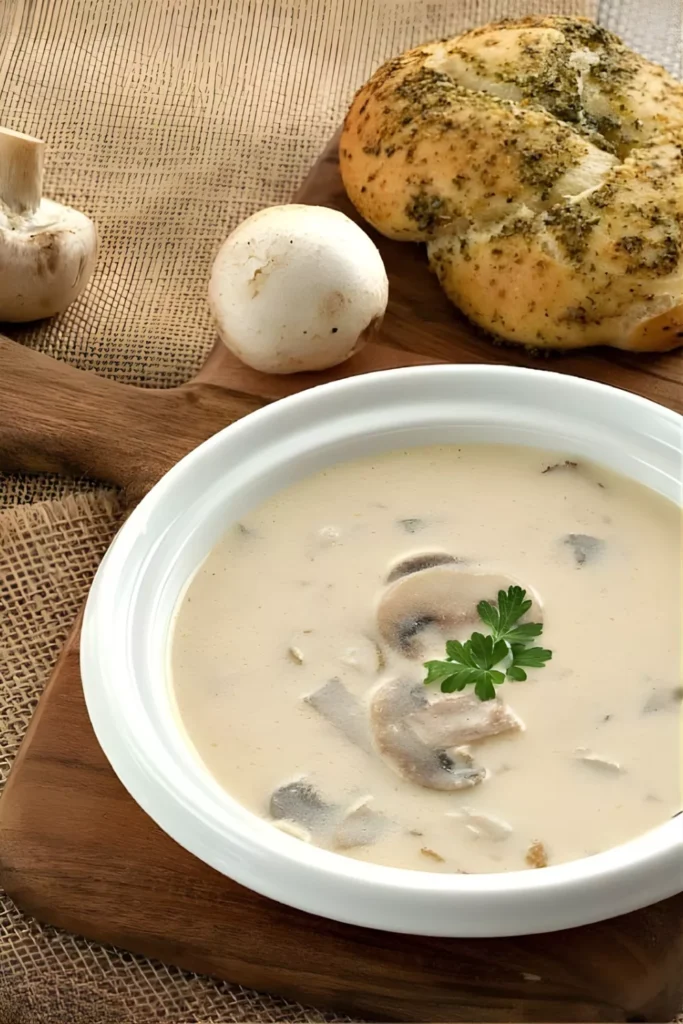 A bowl of homemade cream of mushroom soup with garlic bread and fresh mushrooms.