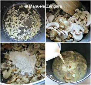 Cooking process showing onion, garlic, and mushrooms being sautéed, flour added, and cream poured in for the soup.