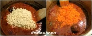 Kabsa rice simmering in tomato sauce with grated carrots added before final cooking.
