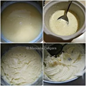 Mixing white chocolate ganache until smooth and creamy.