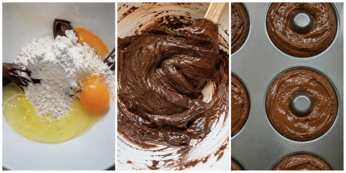 Nutella, egg, and flour shown before mixing, after mixing, and spooned into a mini doughnut pan.