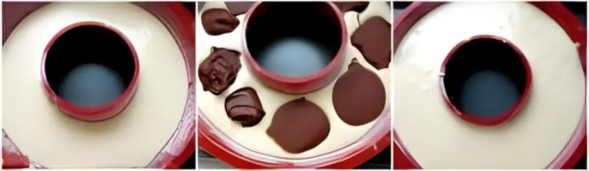 Batter in a ring tin with frozen Nutella pieces added before topping.