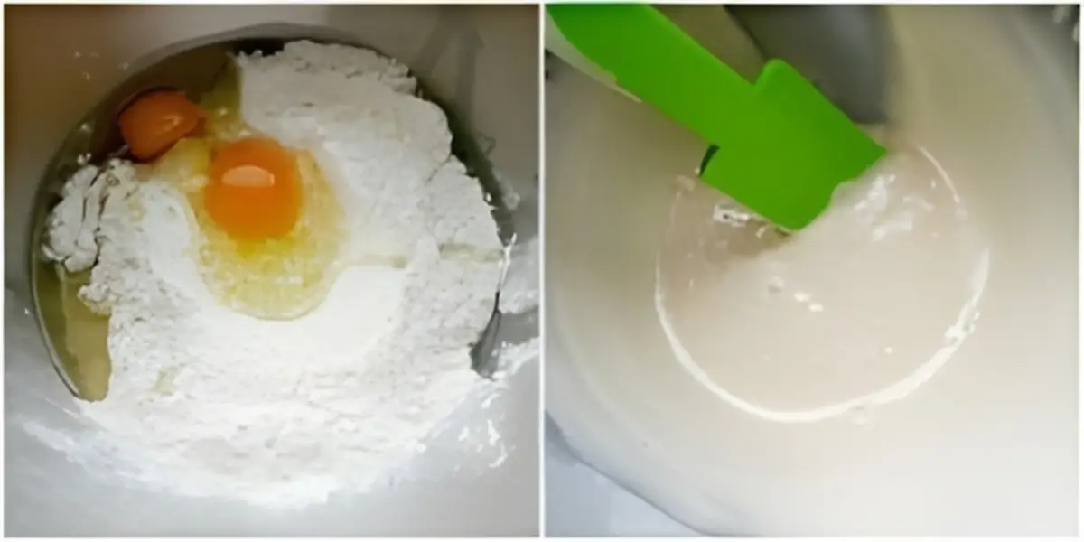 Ingredients in a bowl and smooth batter being mixed.