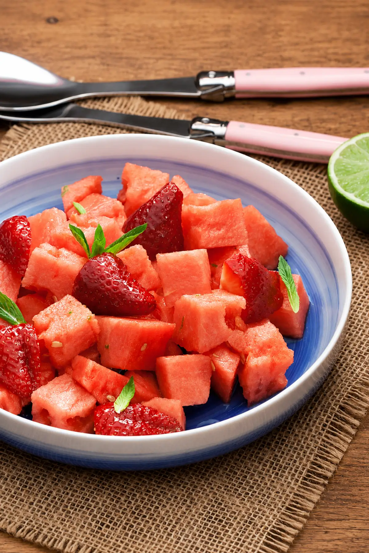 Close-up of watermelon salad with strawberries, fresh mint, and lime zest in a blue bowl.