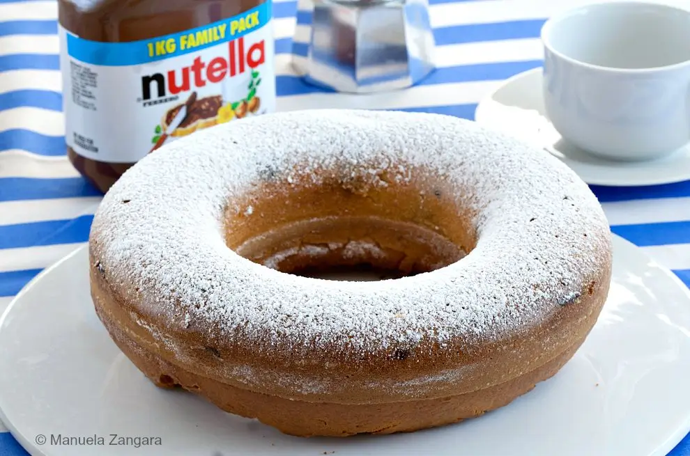 Whole ciambellone dusted with icing sugar on a plate.
