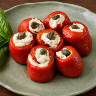 Bell Pepper Involtini served on a plate with fresh basil.
