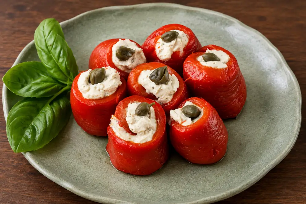 Bell Pepper Involtini served on a plate with fresh basil.