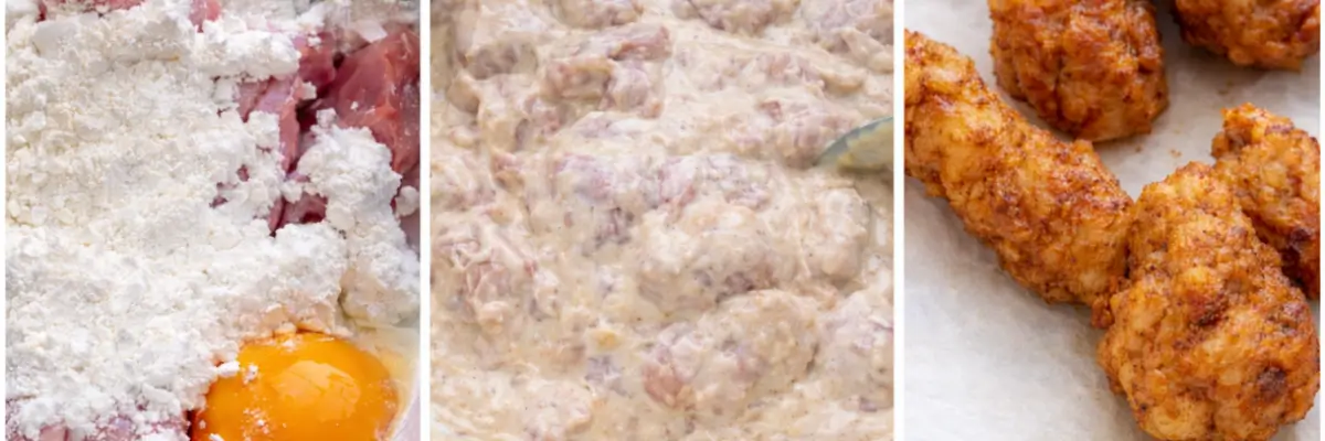 Collage showing raw chicken mixed with cornflour and egg, coated in yoghurt marinade, then fried until golden.