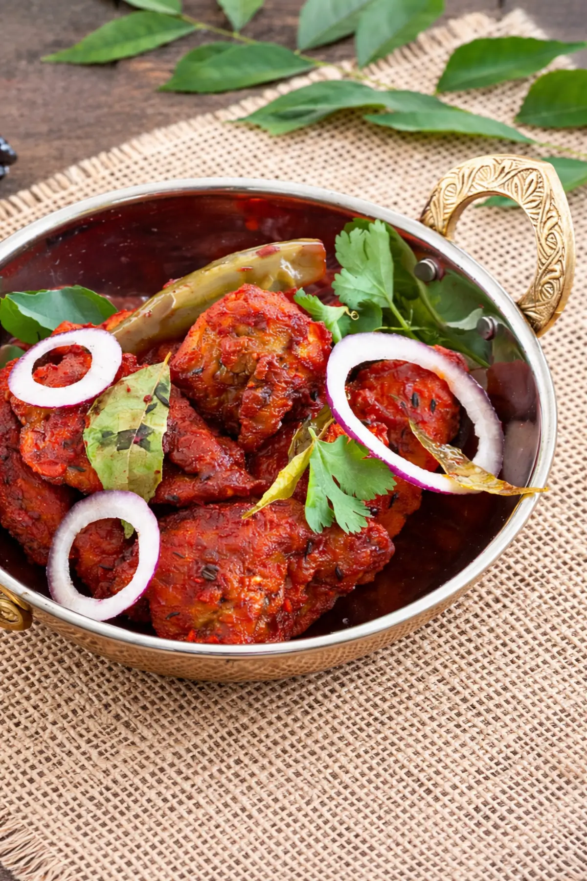 Chicken 65 served in a bowl with sliced red onion, curry leaves and fresh coriander.