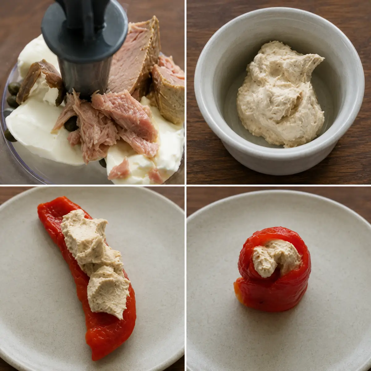 Tuna, cream cheese, anchovy and capers being blended into a smooth filling, spooned onto a roasted red pepper.