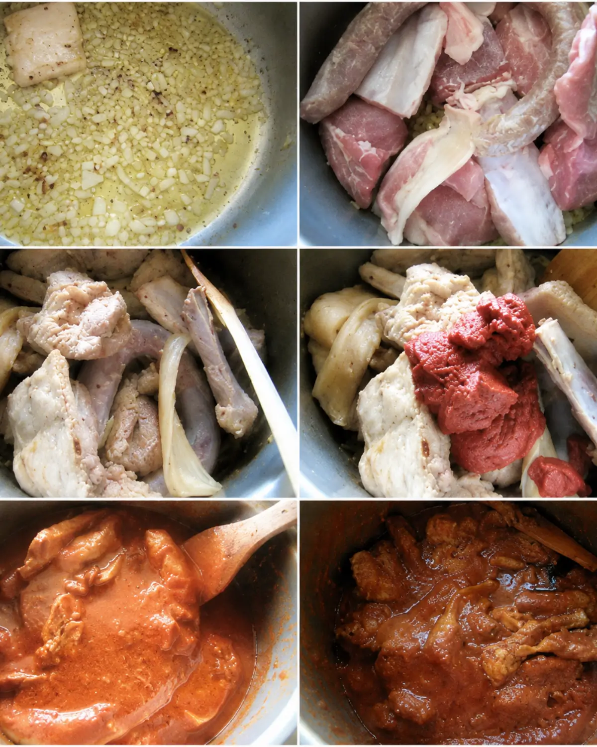 Onion, garlic, pork, sausage, and tomato paste cooking for Nonna’s Italian Pork Ragu.
