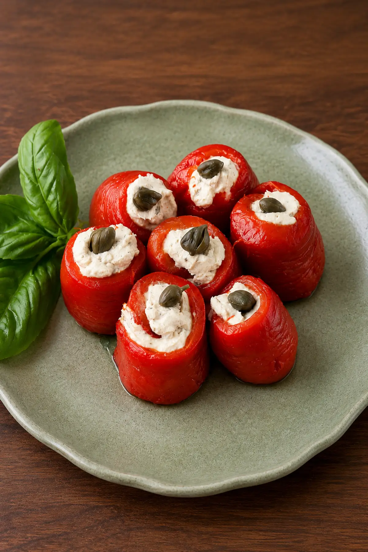 Overhead view of roasted red pepper rolls filled with creamy tuna mixture and topped with capers.