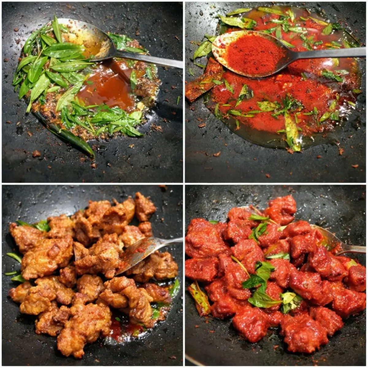 Collage of curry leaves and spices cooking in a wok, followed by fried chicken tossed in red chilli sauce.