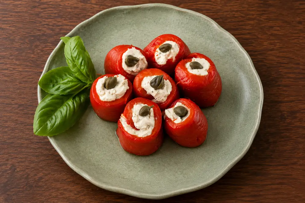 Roasted pepper involtini filled with whipped tuna and cream cheese on a plate.